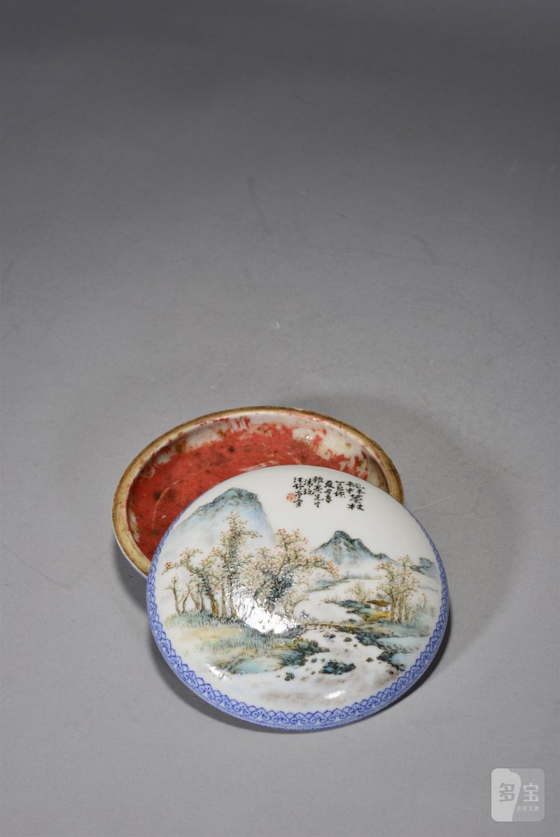 民国 汪野亭粉彩山水印泥盒 - 图4